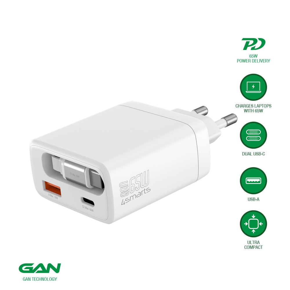 Vægoplader PD (Power Delivery) 65W 4smarts Jojo m. USB-C og USB-A - Hvid