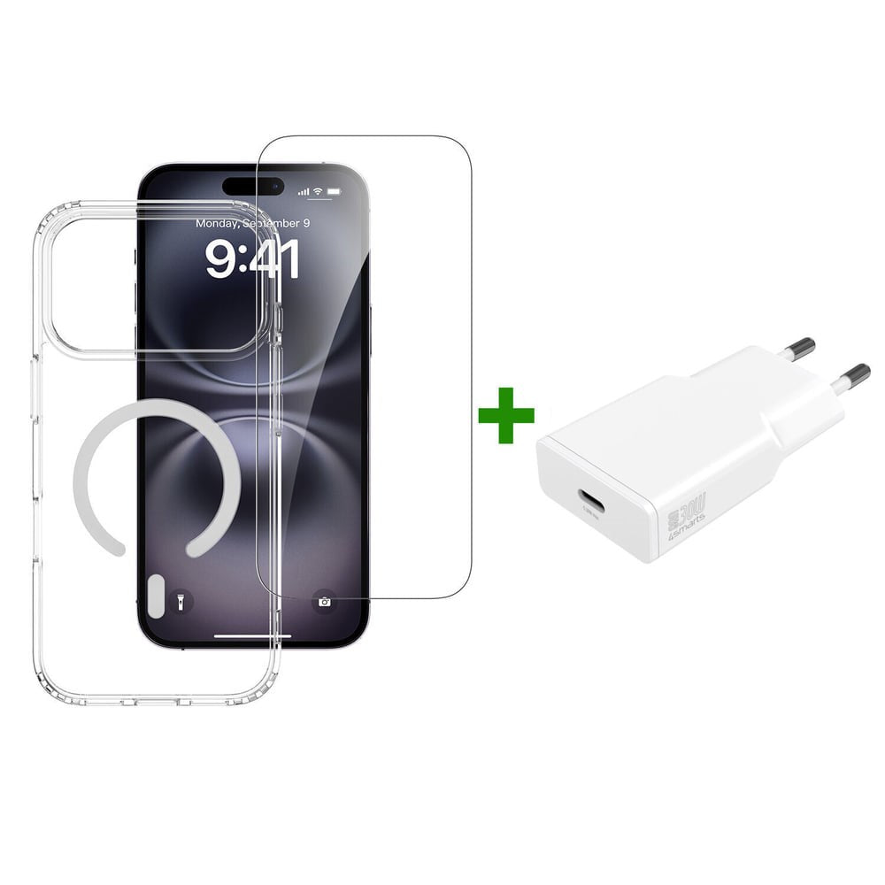 iPhone 18 Pro Max / 17 Pro Max 4Smarts 3-i-1 Premium Starter Set - MagSafe Cover, Skærmbeskyttelse & 20W Vægoplader - Gennemsigtig / Hvid