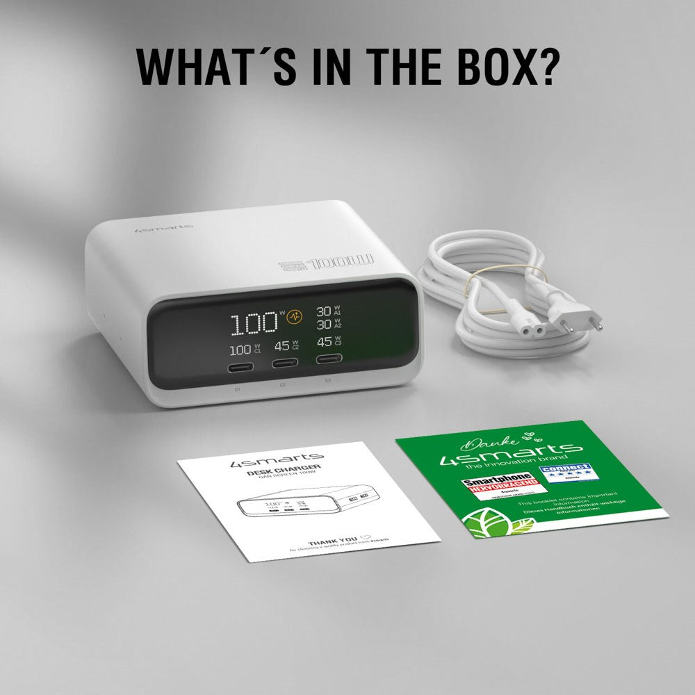 4smarts GaN Bordoplader m. Skærm - 100W / 3x USB-C & 2x USB-A - Hvid