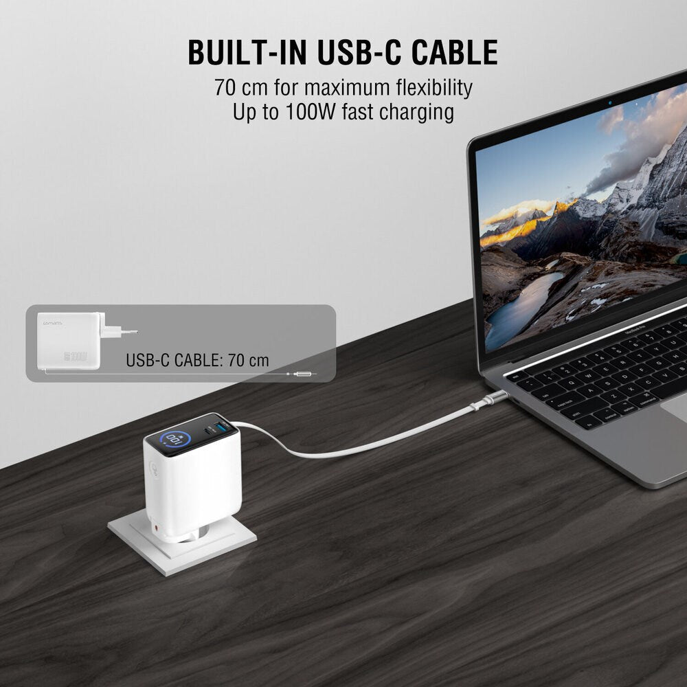 4smarts GaN 100W Vægoplader m. Display - Indbygget USB-C Kabel - 1 x USB-A - 1 x USB-C - Hvid