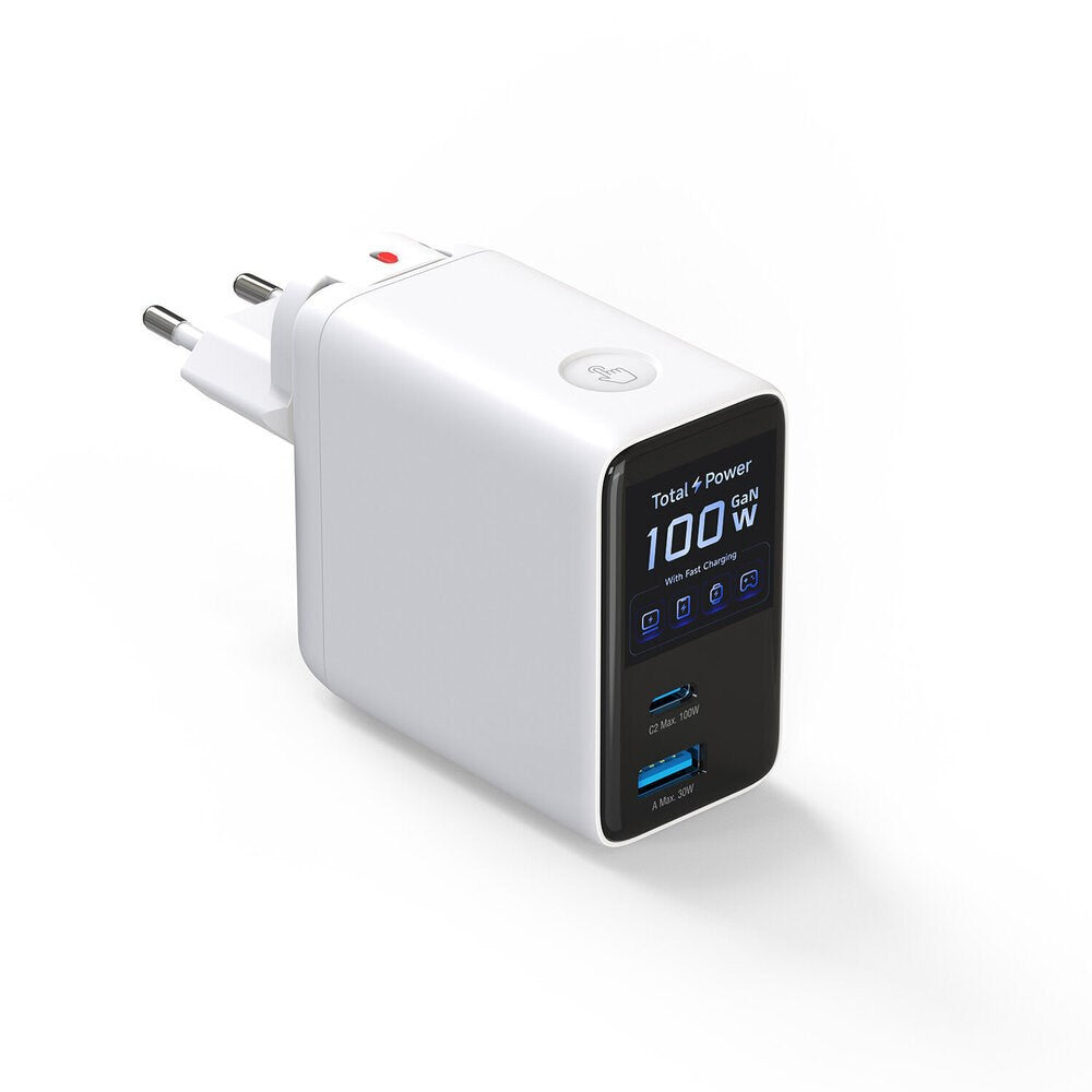 4smarts GaN 100W Vægoplader m. Display - Indbygget USB-C Kabel - 1 x USB-A - 1 x USB-C - Hvid