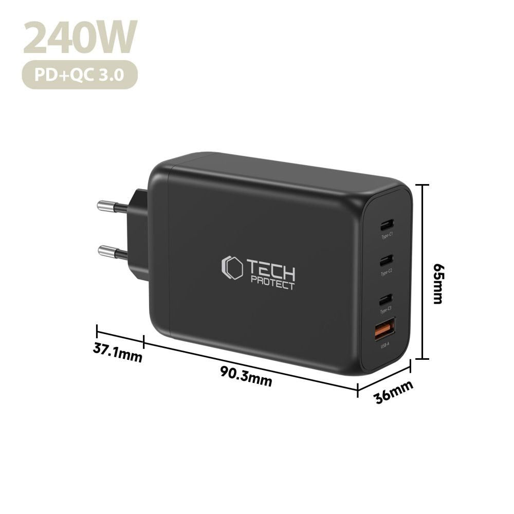Tech-Protect 240W Vægoplader m. 3x USB-C & 1x USB-A - Sort
