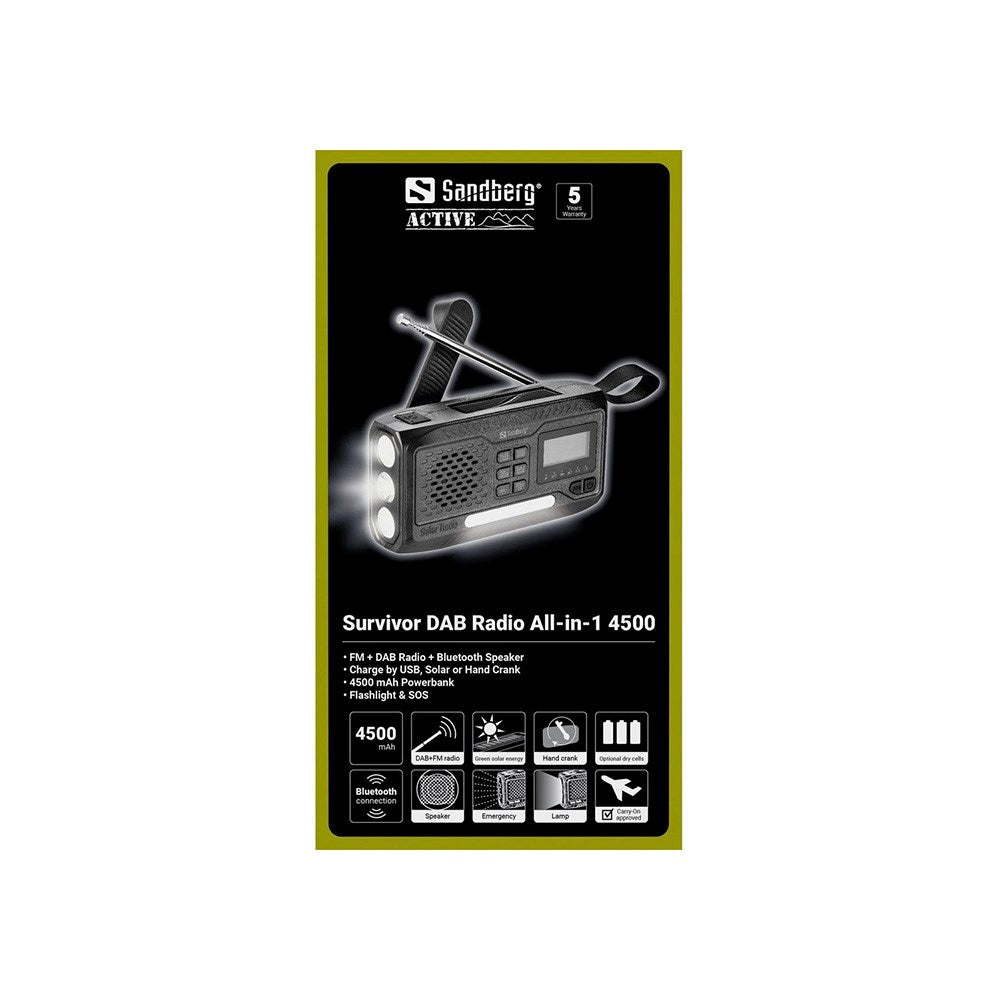 Sandberg Active Survivor Nødradio m. 4500mAh Solcelle Powerbank & DAB / FM-Radio - Sort