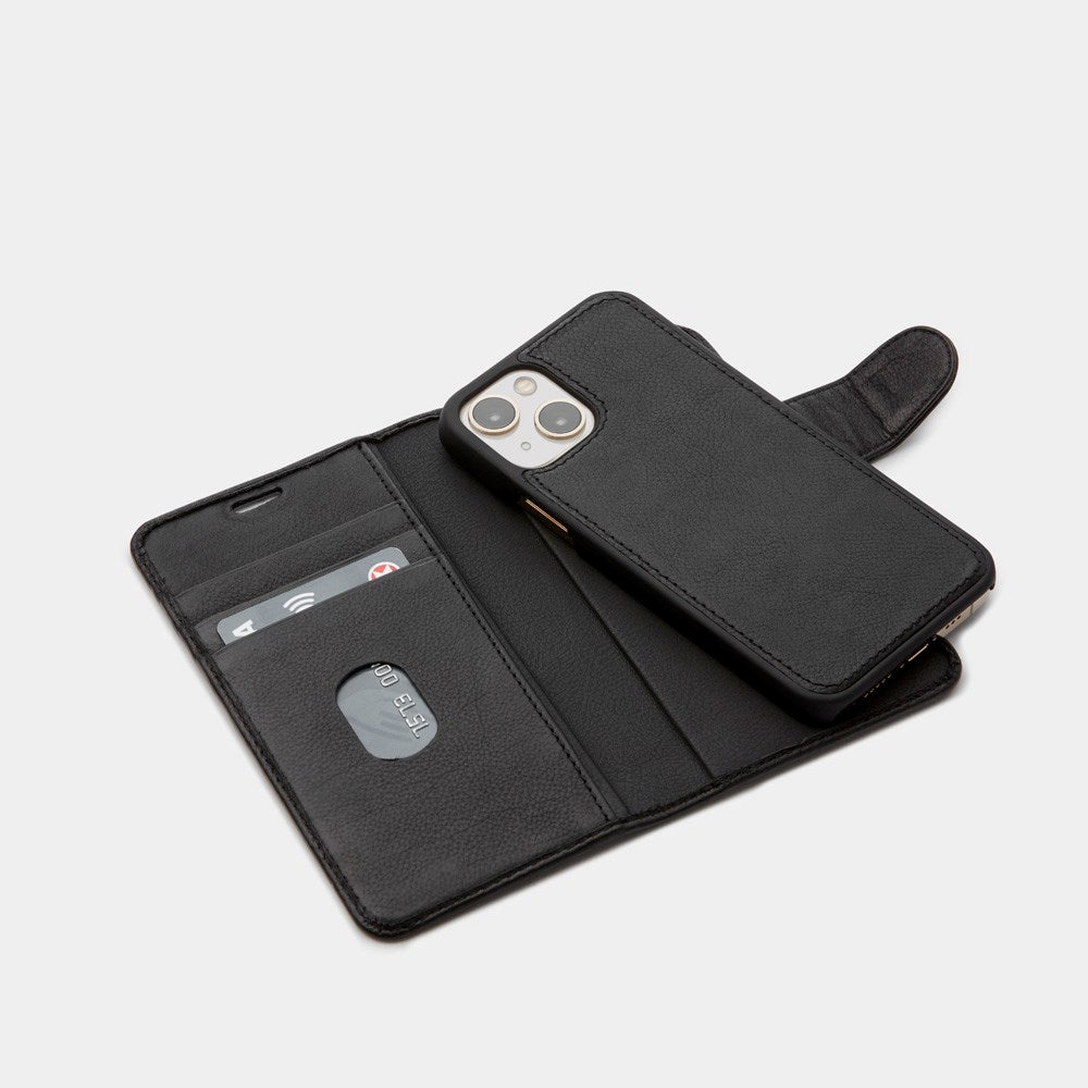 Trunk iPhone 13 Mini Ægte Læder Flip Cover m. Aftageligt Bagsidecover - Sort