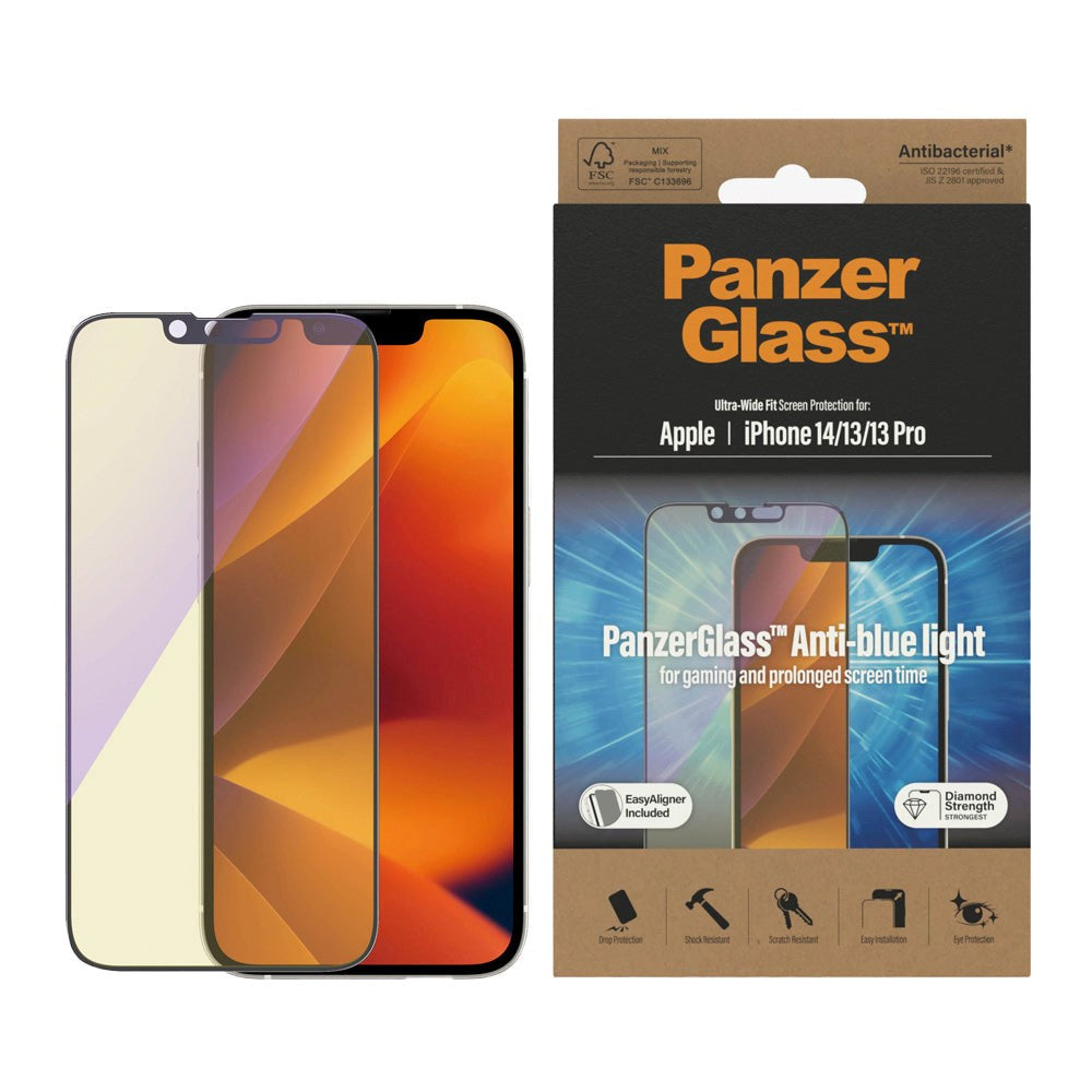 iPhone 14 / 13 / 13 Pro PanzerGlass AntiBacterial Ultra Wide Fit Skærmbeskyttelse - Anti-Blue Light - EasyAligner - Diamond Strength