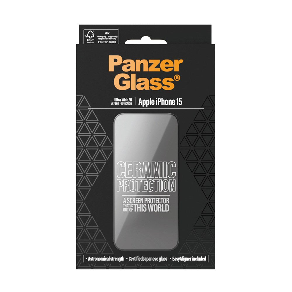 iPhone 15 / 16 PanzerGlass Ultra Wide Fit Ceramic Skærmbeskyttelse m. EasyAligner - Sort Kant