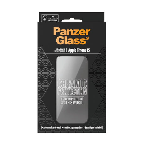iPhone 15 / 16 PanzerGlass Ultra Wide Fit Ceramic Skærmbeskyttelse m. EasyAligner - Sort Kant