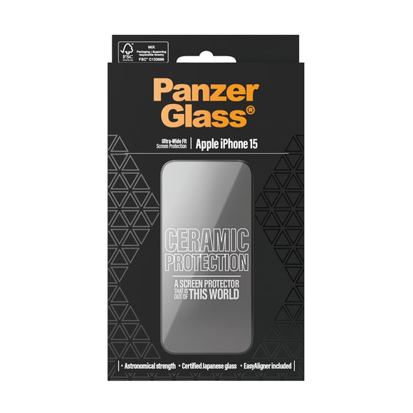 iPhone 15 / 16 PanzerGlass Ultra Wide Fit Ceramic Skærmbeskyttelse m. EasyAligner - Sort Kant