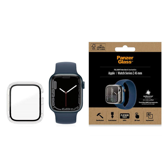 PanzerGlass Apple Watch 9/8/7 (45mm) Full Body Protection Cover + Indbygget Skærmbeskyttelse m. Anti-Bacterial - Gennemsigtig