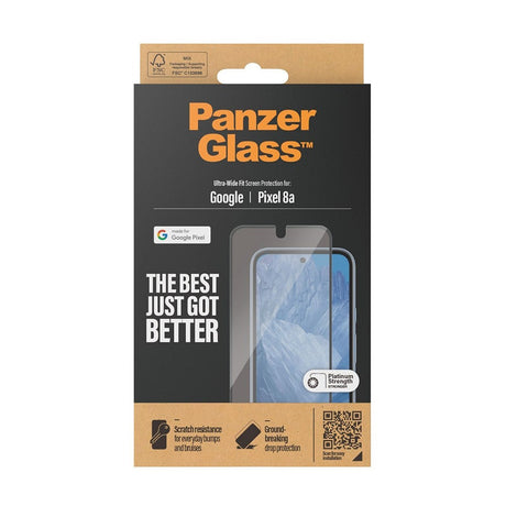 Google Pixel 8a PanzerGlass Ultra Wide Fit Skærmbeskyttelse - Platinum Strength - Sort Kant