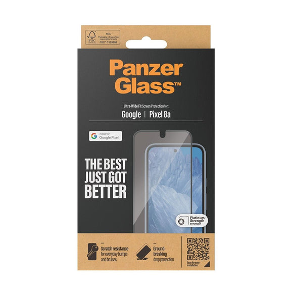 Google Pixel 8a PanzerGlass Ultra Wide Fit Skærmbeskyttelse - Platinum Strength - Sort Kant