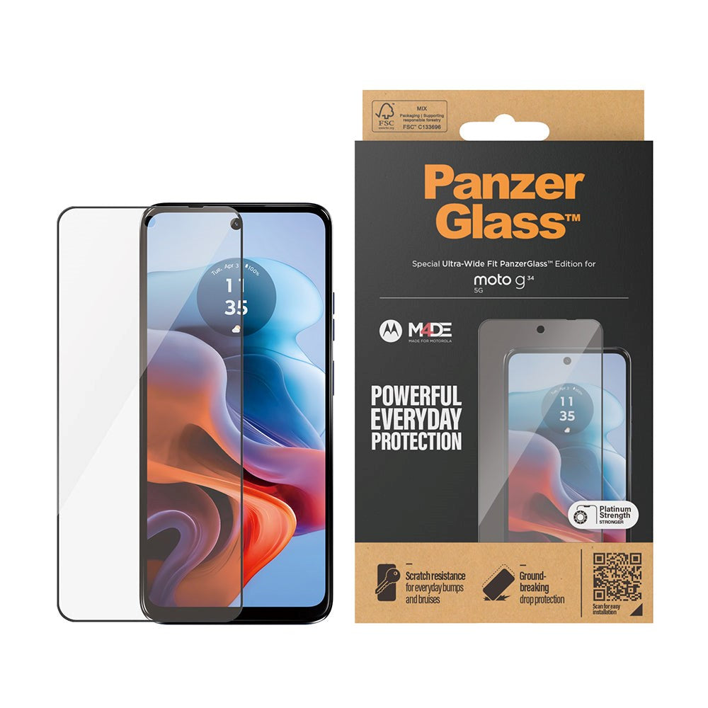 Motorola Moto G34 PanzerGlass Ultra Wide Fit Skærmbeskyttelse - Platinum Strength - Sort Kant