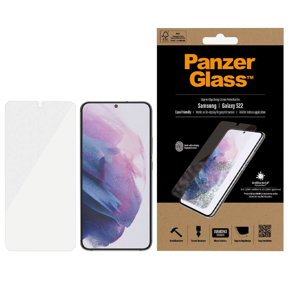 Samsung Galaxy S22 PanzerGlass AntiBacterial Edge-to-Edge Skærmbeskyttelse - Case-Friendly - Gennemsigtig