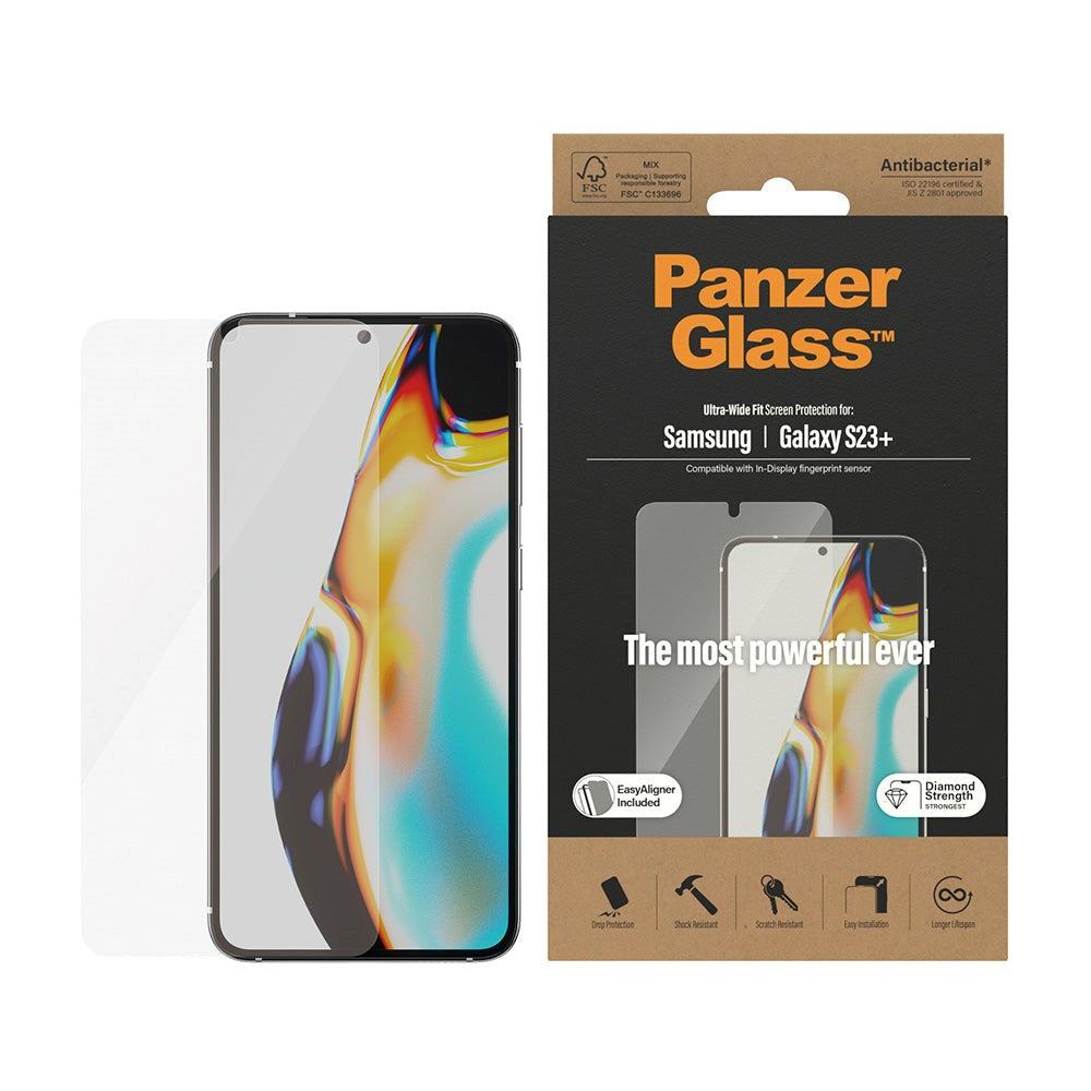 Samsung Galaxy S23+ (Plus) PanzerGlass AntiBacterial Ultra Wide Fit Skærmbeskyttelse - EasyAligner - Diamond Strength - Gennemsigtig