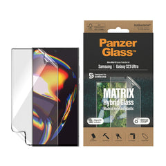 Samsung Galaxy S23 Ultra PanzerGlass Matrix Hybrid Glass AntiBacterial Ultra Wide Fit Skærmbeskyttelse - AlignerKit - Platinum Strength -  Gennemsigtig