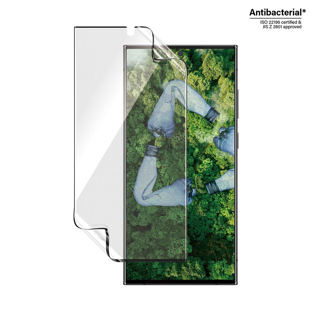 Samsung Galaxy S23 Ultra PanzerGlass Matrix Hybrid Glass AntiBacterial Ultra Wide Fit Skærmbeskyttelse - AlignerKit - Platinum Strength -  Gennemsigtig