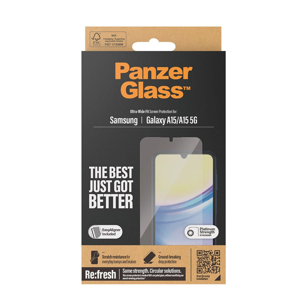 Samsung Galaxy A15 / A15 (5G) PanzerGlass Ultra Wide Fit Re:fresh Skærmbeskyttelse m. EasyAligner - Platinum Strength - Gennemsigtig
