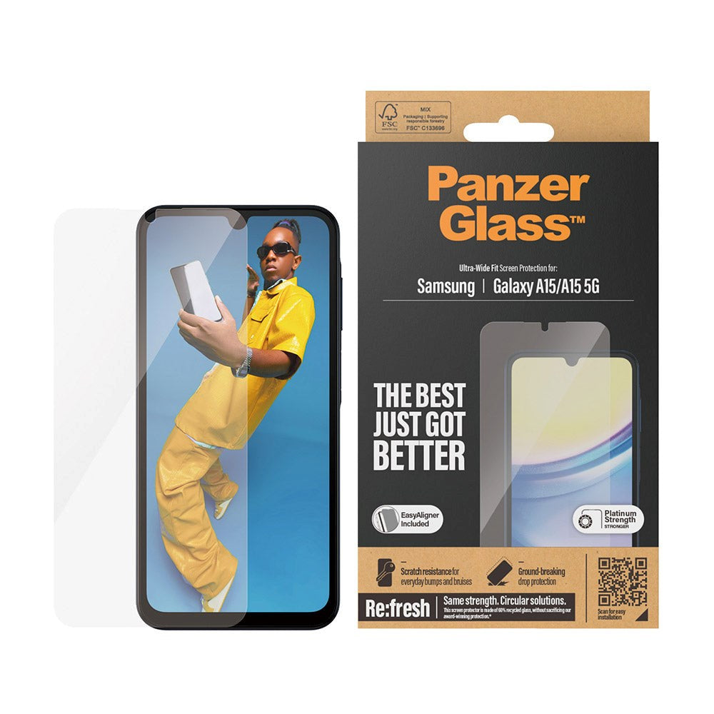 Samsung Galaxy A15 / A15 (5G) PanzerGlass Ultra Wide Fit Re:fresh Skærmbeskyttelse m. EasyAligner - Platinum Strength - Gennemsigtig