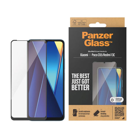 Xiaomi Poco C65 / Redmi 13C PanzerGlass Ultra Wide Fit Skærmbeskyttelse - Platinum Strength - Sort Kant