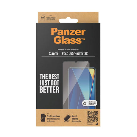 Xiaomi Poco C65 / Redmi 13C PanzerGlass Ultra Wide Fit Skærmbeskyttelse - Platinum Strength - Sort Kant