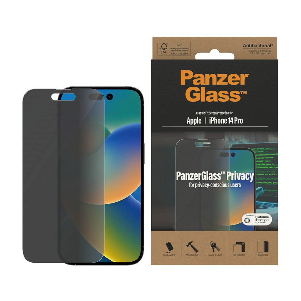 iPhone 14 Pro PanzerGlass AntiBacterial Classic Fit Skærmbeskyttelse - Privacy Filter - Platinum Strength - Gennemsigtig / Sort
