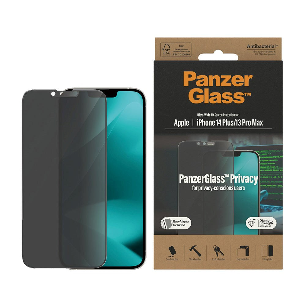 iPhone 14 Plus / 13 Pro Max PanzerGlass AntiBacterial Ultra-Wide Fit Skærmbeskyttelse - EasyAligner - Privacy Filter - Diamond Strength