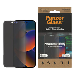 iPhone 14 Pro Max PanzerGlass AntiBacterial Ultra-Wide Fit Skærmbeskyttelse - EasyAligner - Privacy Filter - Diamond Strength - Gennemsigtig / Sort