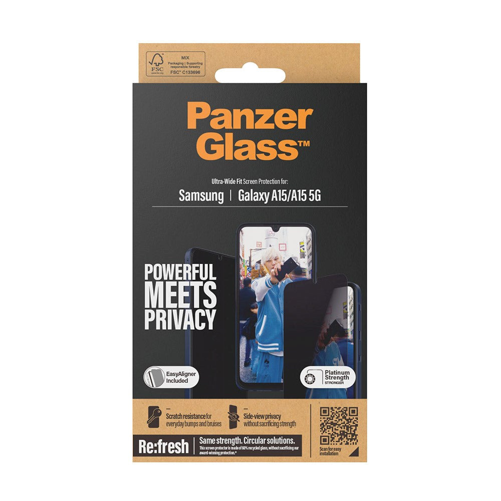 Samsung Galaxy A15 / A15 (5G) PanzerGlass Ultra Wide Fit Re:fresh Skærmbeskyttelse m. EasyAligner - Privacy - Platinum Strength - Gennemsigtig / Sort Kant