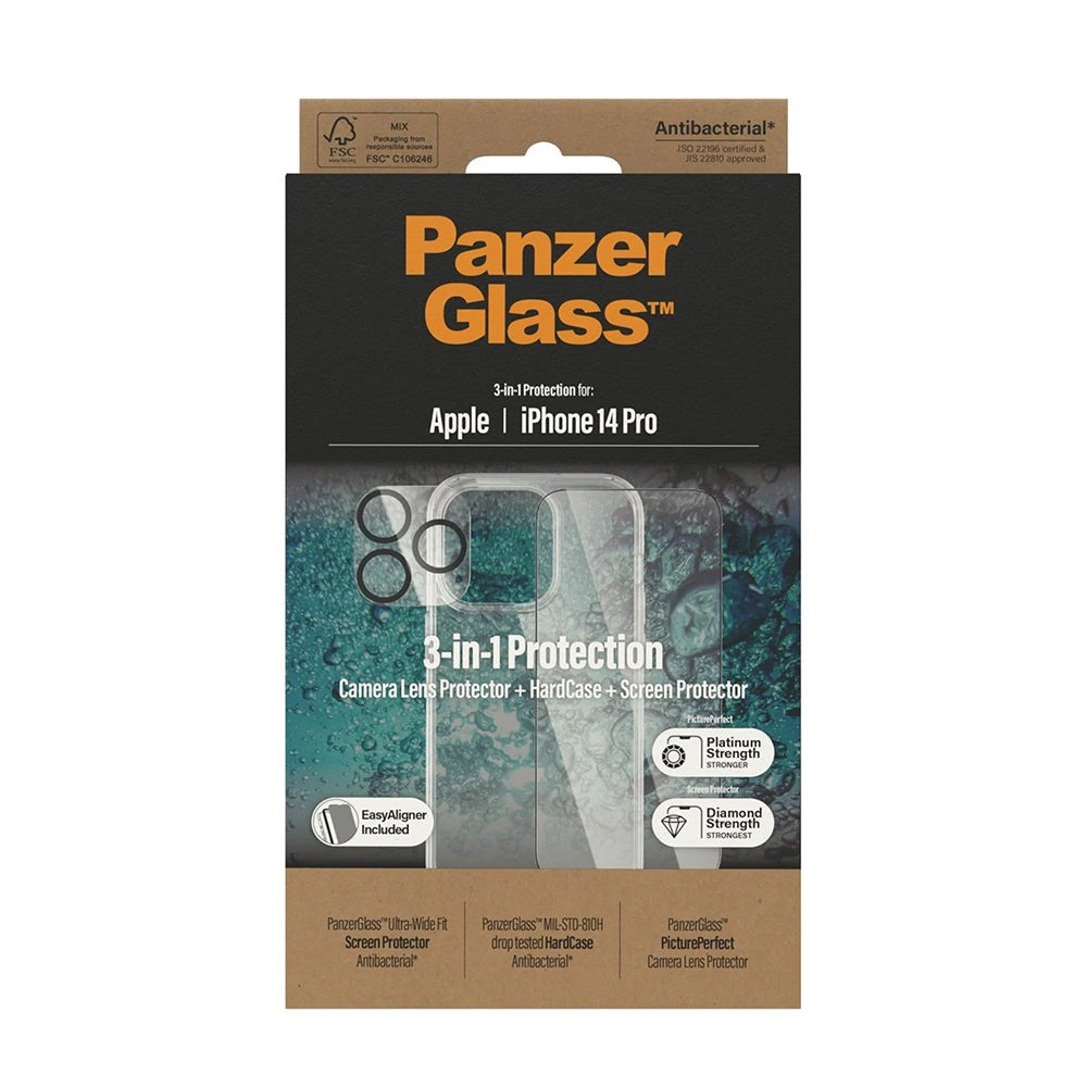 iPhone 14 Pro PanzerGlass 3-i-1 Bundle m. EasyAligner - Cover / Skærmbeskyttelse (UWF) / Kamerabeskyttelse - Gennemsigtig