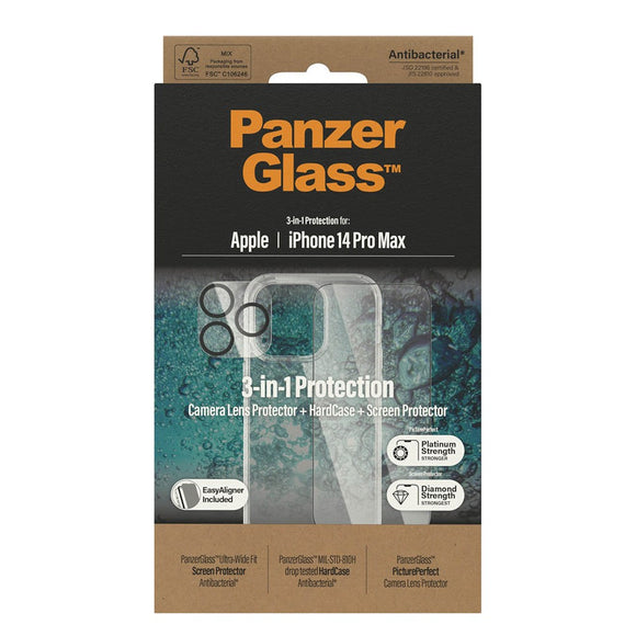 iPhone 14 Pro Max PanzerGlass 3-i-1 Bundle m. EasyAligner - Cover / Skærmbeskyttelse (UWF) / Kamerabeskyttelse - Gennemsigtig