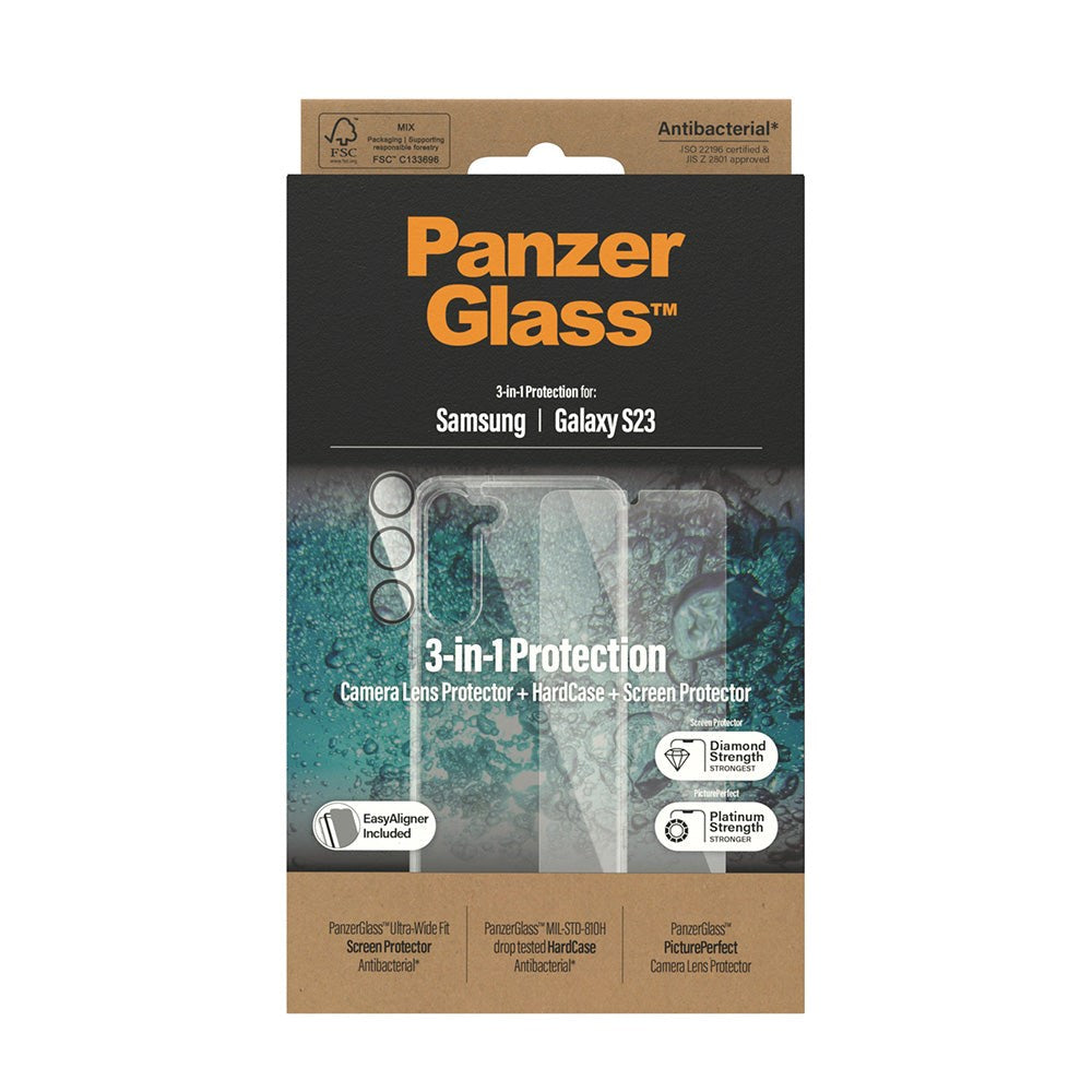Samsung Galaxy S23 PanzerGlass 3-i-1 Bundle m. EasyAligner - Cover / Skærmbeskyttelse (UWF) / Kamerabeskyttelse - Gennemsigtig
