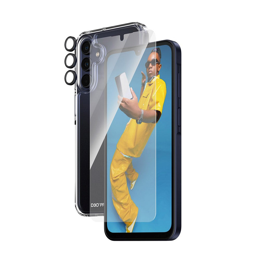 Samsung Galaxy A15 / A15 (5G) PanzerGlass 3-i-1 Bundle m. EasyAligner - D3O Bio Hardcase Cover / Skærmbeskyttelse (UWF) / Hoops Kamerabeskyttelse - Gennemsigtig / Sort