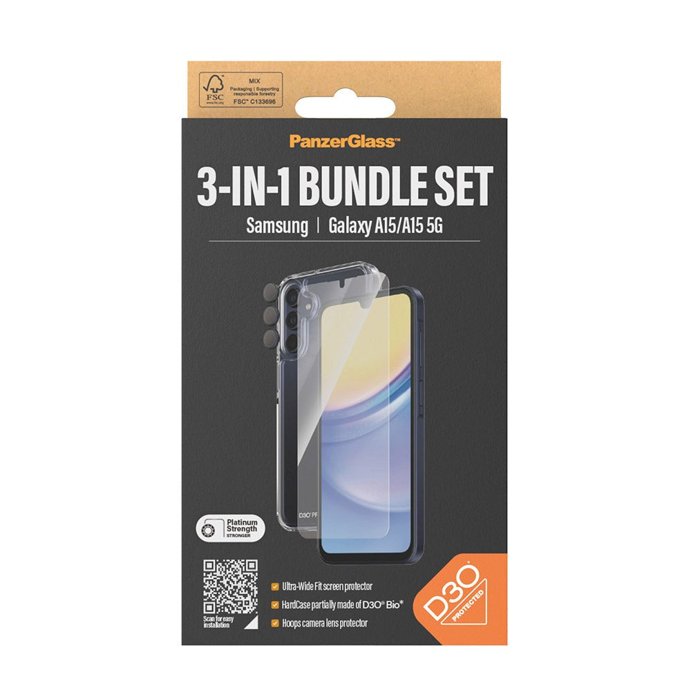 Samsung Galaxy A15 / A15 (5G) PanzerGlass 3-i-1 Bundle m. EasyAligner - D3O Bio Hardcase Cover / Skærmbeskyttelse (UWF) / Hoops Kamerabeskyttelse - Gennemsigtig / Sort