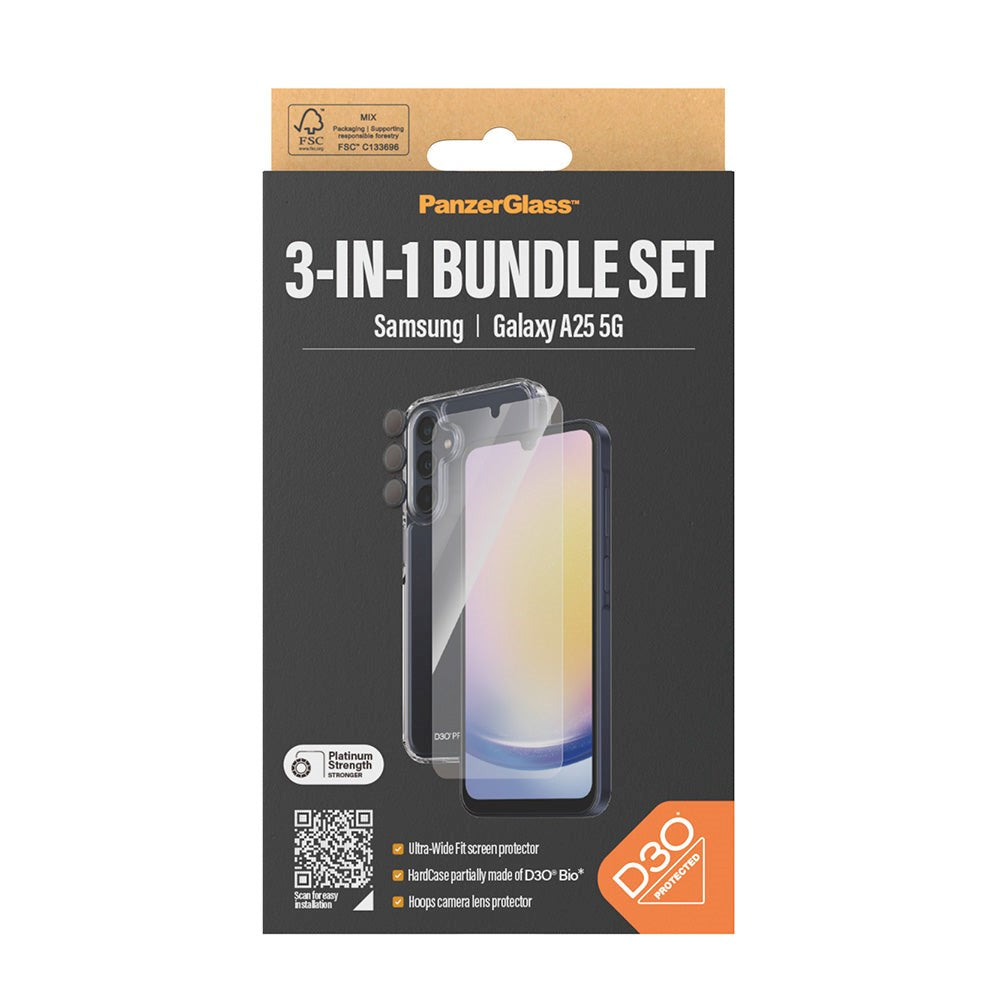 Samsung Galaxy A25 (5G) PanzerGlass 3-i-1 Bundle m. EasyAligner - D3O Bio Hardcase Cover / Skærmbeskyttelse (UWF) / Hoops Kamerabeskyttelse - Gennemsigtig / Sort