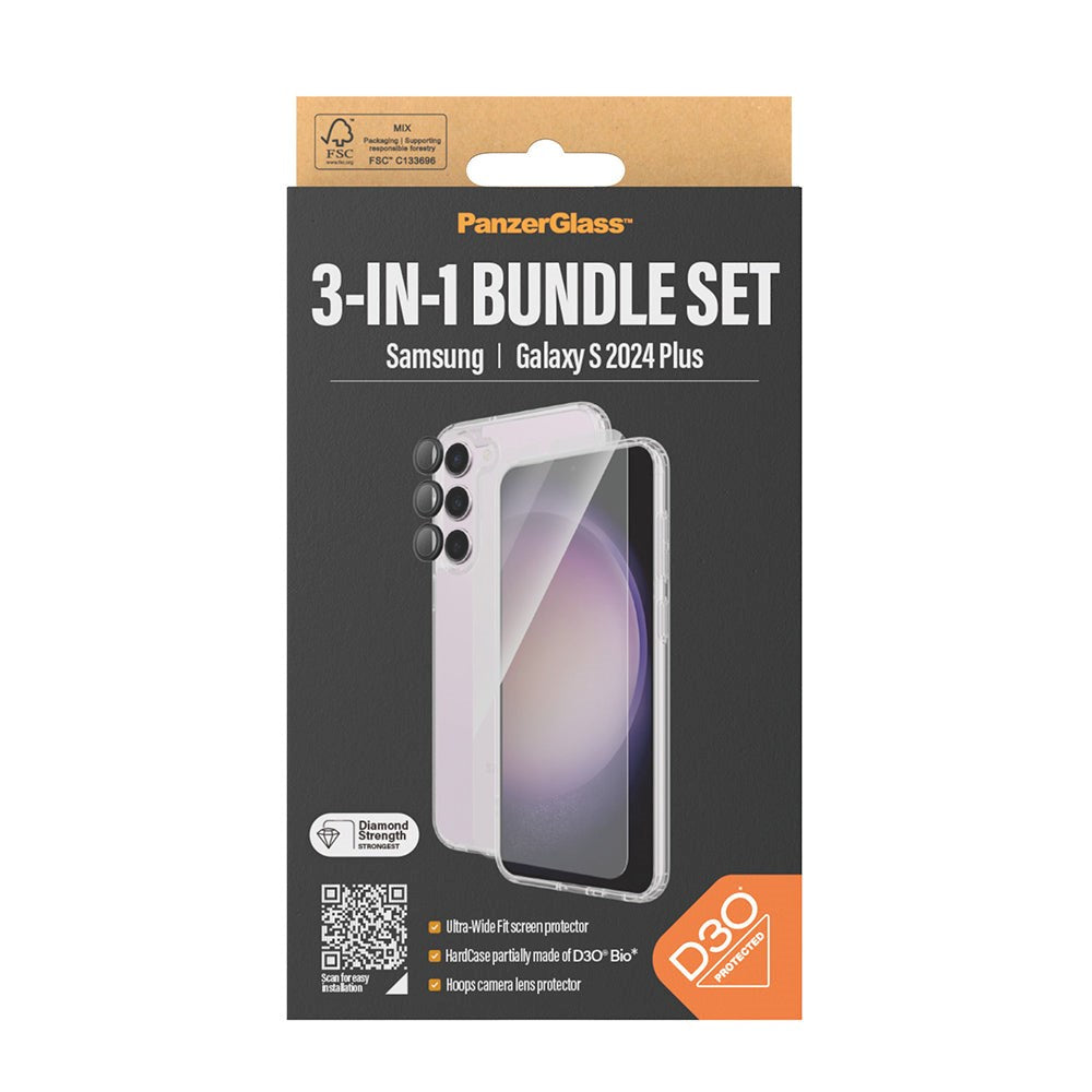 Samsung Galaxy S24+ (Plus) PanzerGlass 3-i-1 Bundle m. EasyAligner - D3O Bio Hardcase Cover / Skærmbeskyttelse (UWF) / Hoops Kamerabeskyttelse - Gennemsigtig / Sort
