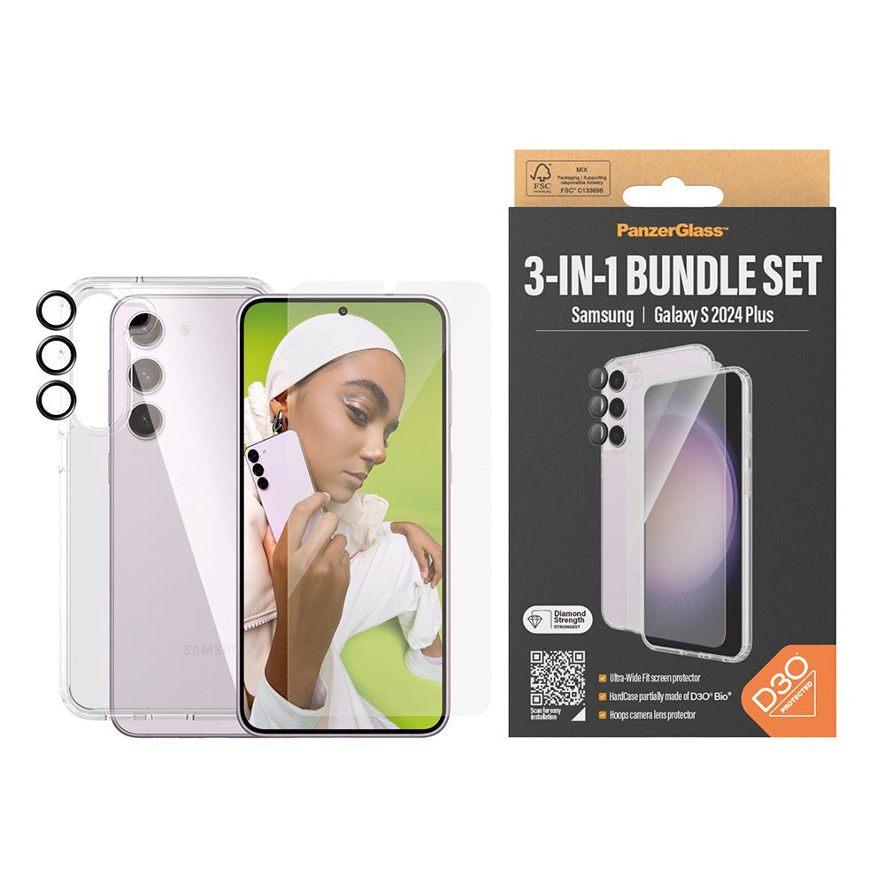 Samsung Galaxy S24+ (Plus) PanzerGlass 3-i-1 Bundle m. EasyAligner - D3O Bio Hardcase Cover / Skærmbeskyttelse (UWF) / Hoops Kamerabeskyttelse - Gennemsigtig / Sort
