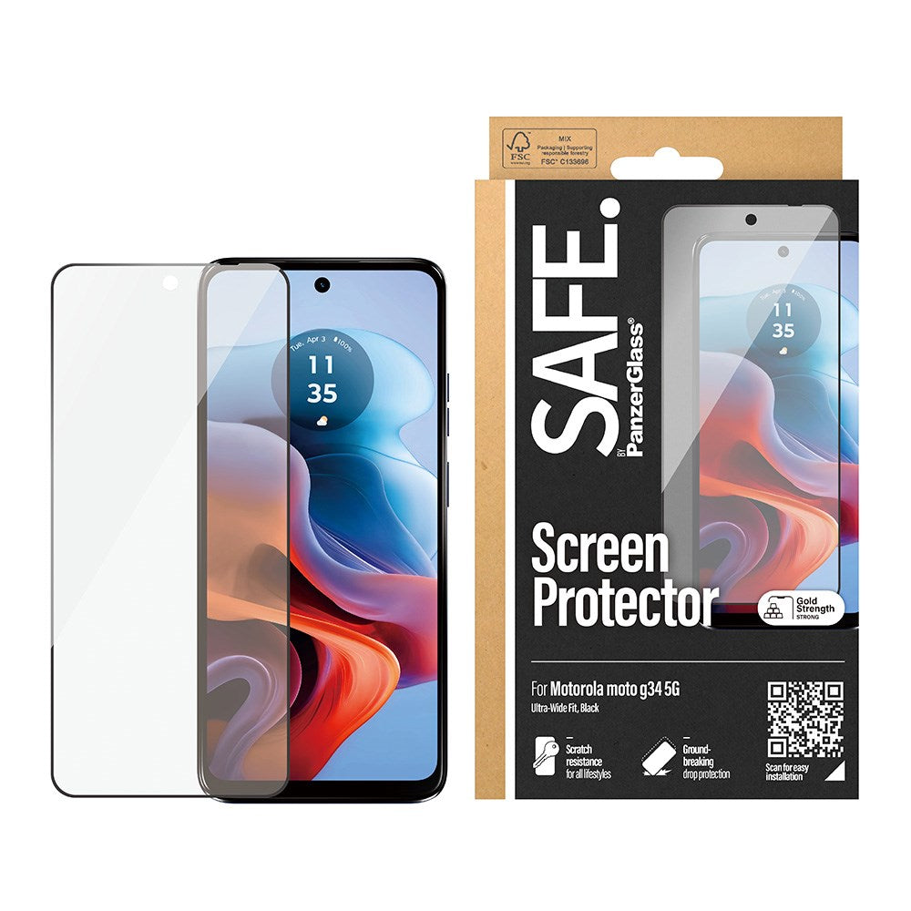 Motorola Moto G34 Safe By PanzerGlass® Ultra-Wide Fit Skærmbeskyttelse - Case Friendly - Gold Strength - Sort Kant