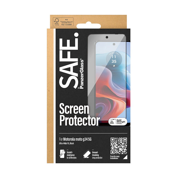 Motorola Moto G34 Safe By PanzerGlass® Ultra-Wide Fit Skærmbeskyttelse - Case Friendly - Gold Strength - Sort Kant