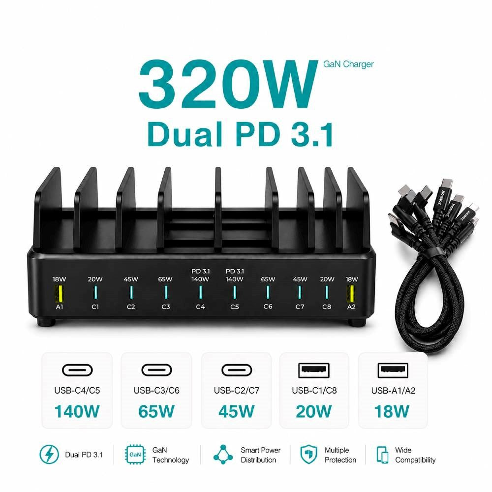 Xceed 320W Multioplader m. 8x USB-C & 2x USB-A - Sort