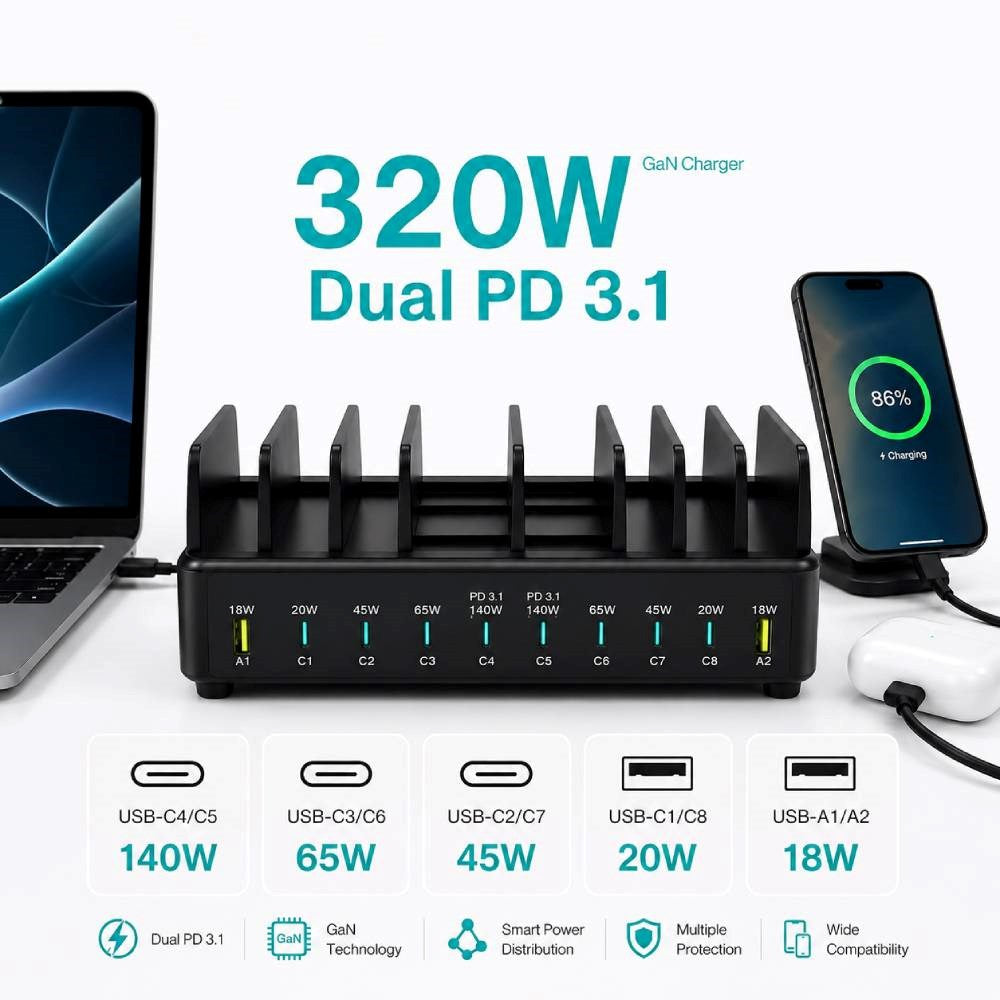 Xceed 320W Multioplader m. 8x USB-C & 2x USB-A - Sort