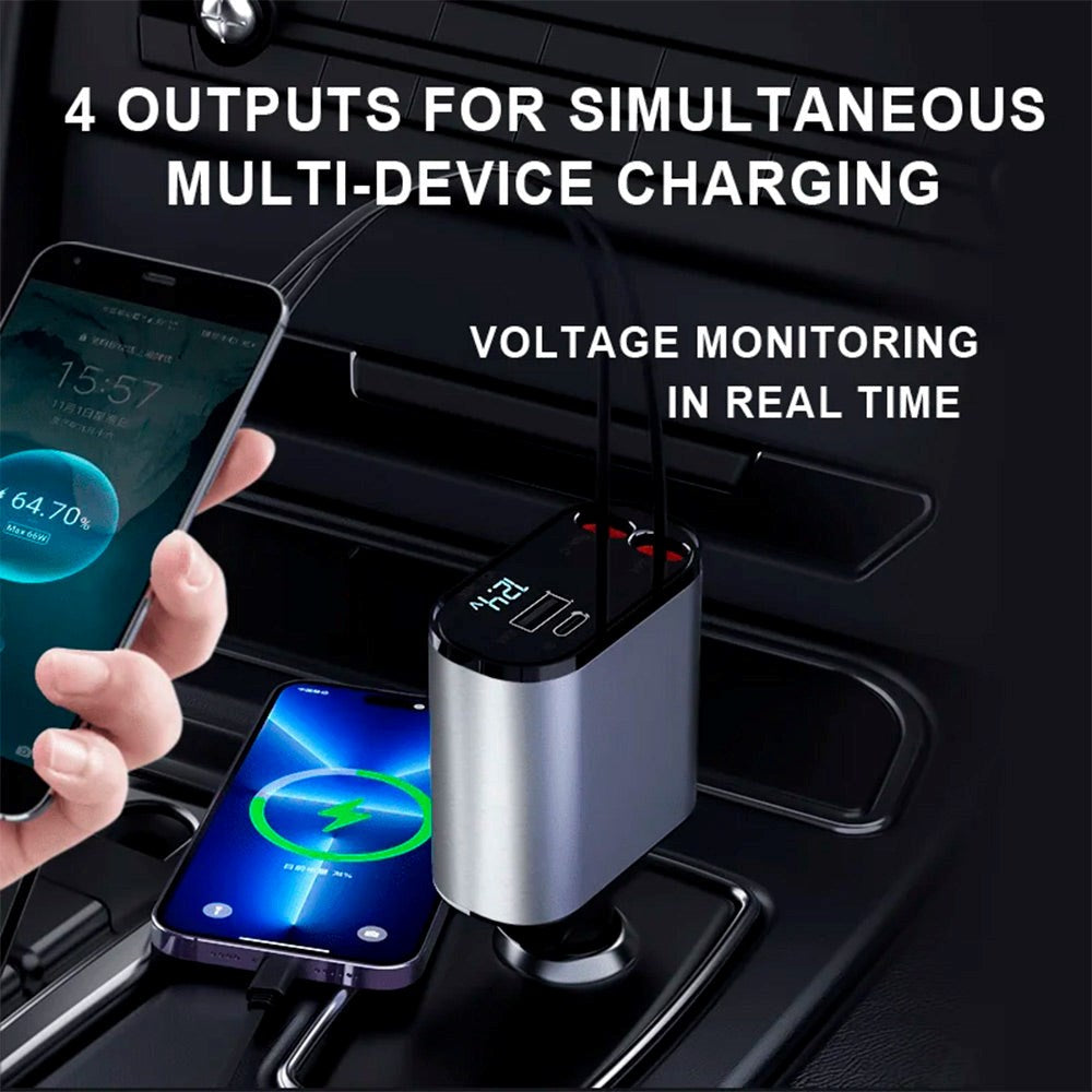 Zmartgear 4-i-1 60W Biloplader m. Udtrækkelig USB-C & Lightning Kabel - USB-C & USB-A Port - Sort