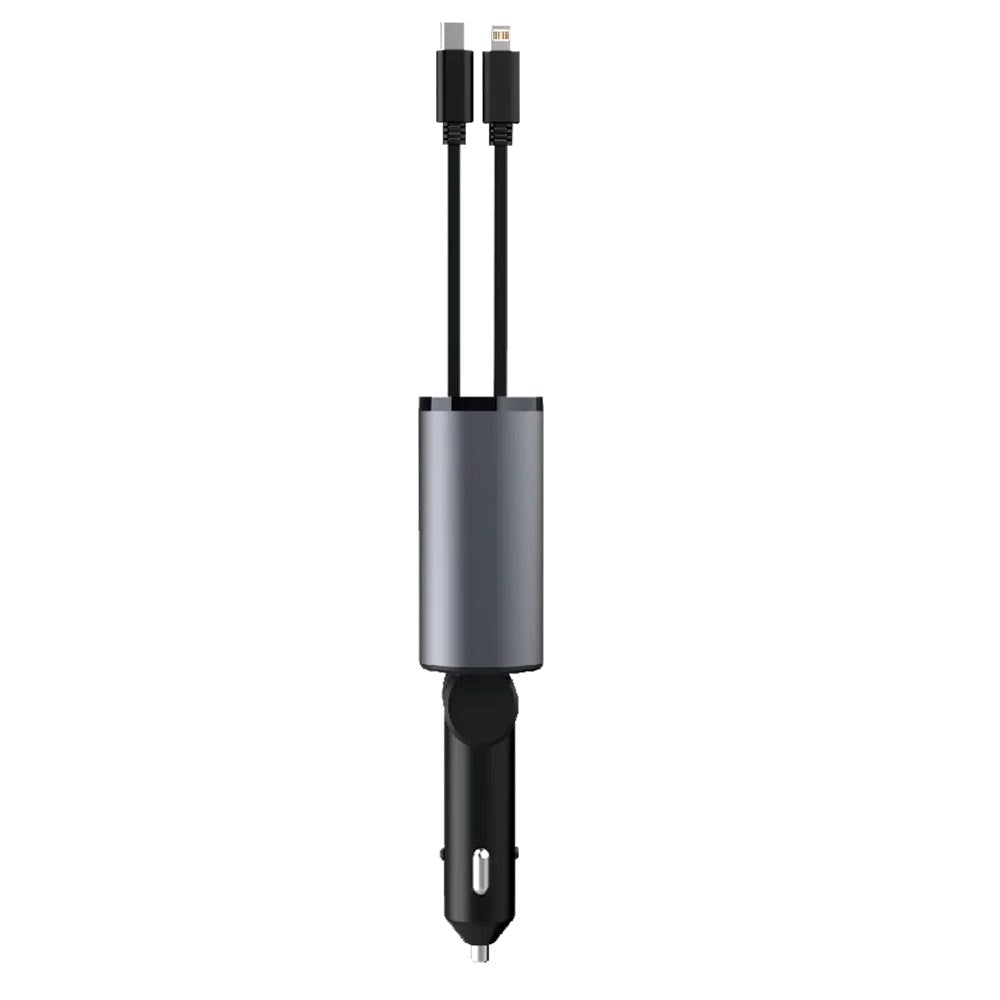 Zmartgear 4-i-1 60W Biloplader m. Udtrækkelig USB-C & Lightning Kabel - USB-C & USB-A Port - Sort