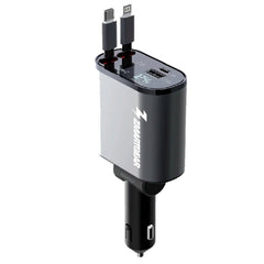 Zmartgear 4-i-1 60W Biloplader m. Udtrækkelig USB-C & Lightning Kabel - USB-C & USB-A Port - Sort