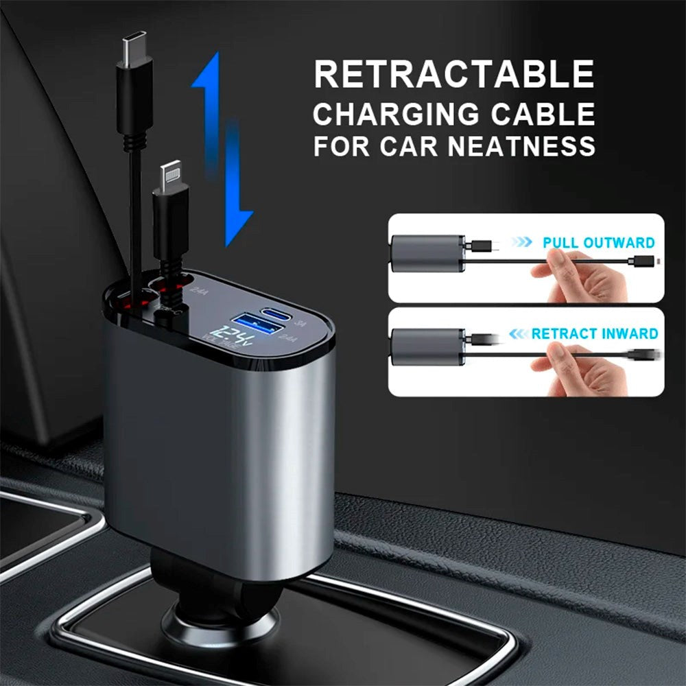 Zmartgear 4-i-1 60W Biloplader m. Udtrækkelig USB-C & Lightning Kabel - USB-C & USB-A Port - Sort