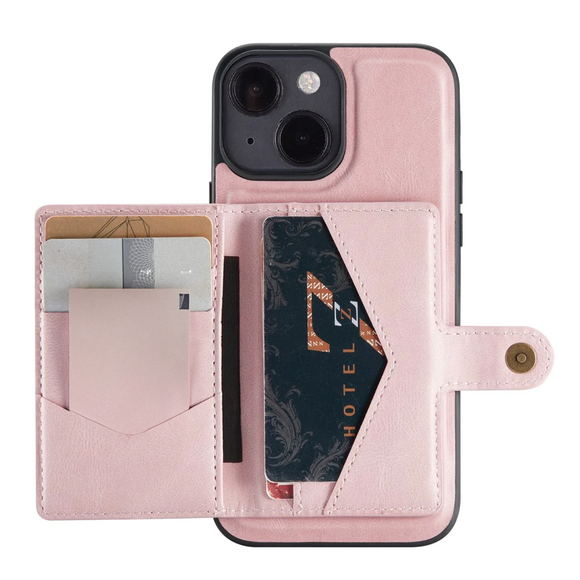iPhone 13 Læderbetrukket Plastik Cover m. Pung - Pink