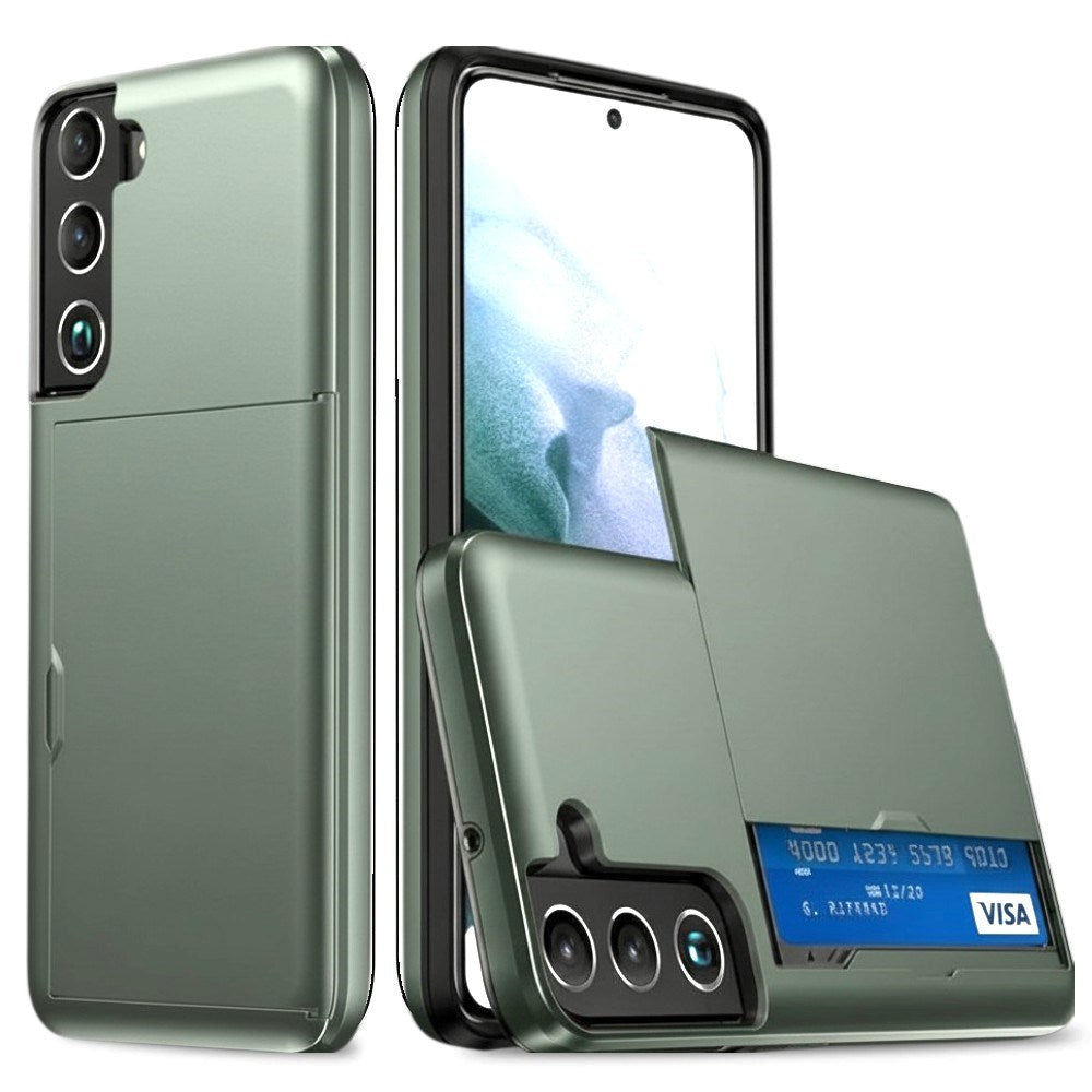 Samsung Galaxy S22 Hybrid Plastik Håndværker Cover m. Kortholder - Army Grøn