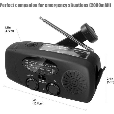 Lippa Nødradio m. 2.000mAh Solcelle PowerBank & Lommelygte - Sort