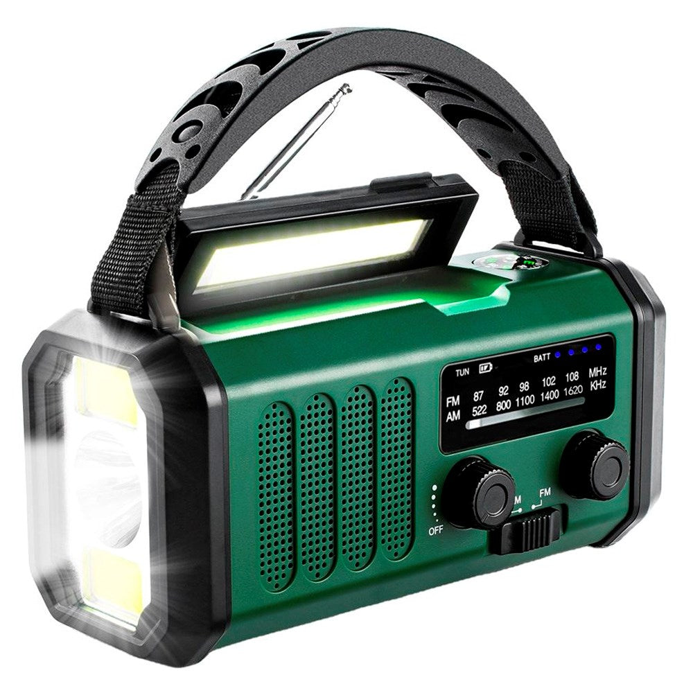 Lippa FM Nødradio - Håndsving, Solcellepanel, Kompas, 10.000 mAh Powerbank - Grøn