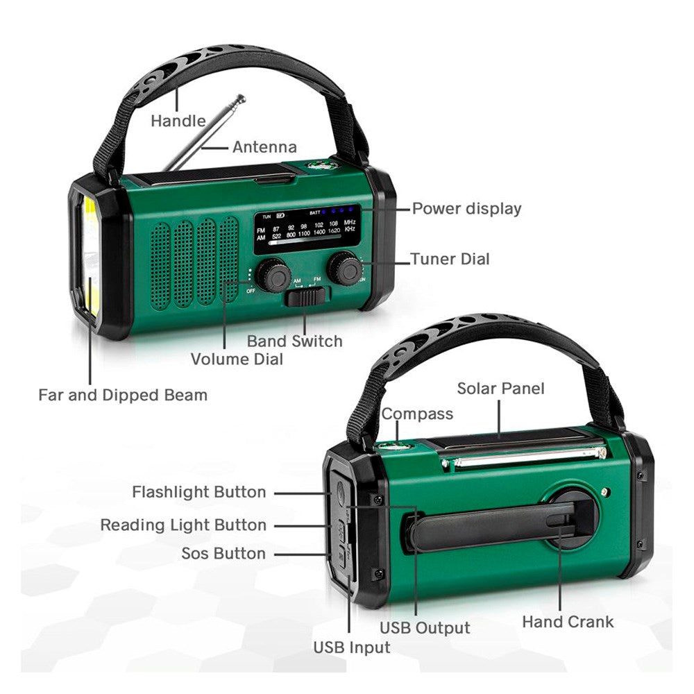 Lippa FM Nødradio - Håndsving, Solcellepanel, Kompas, 10.000 mAh Powerbank - Grøn