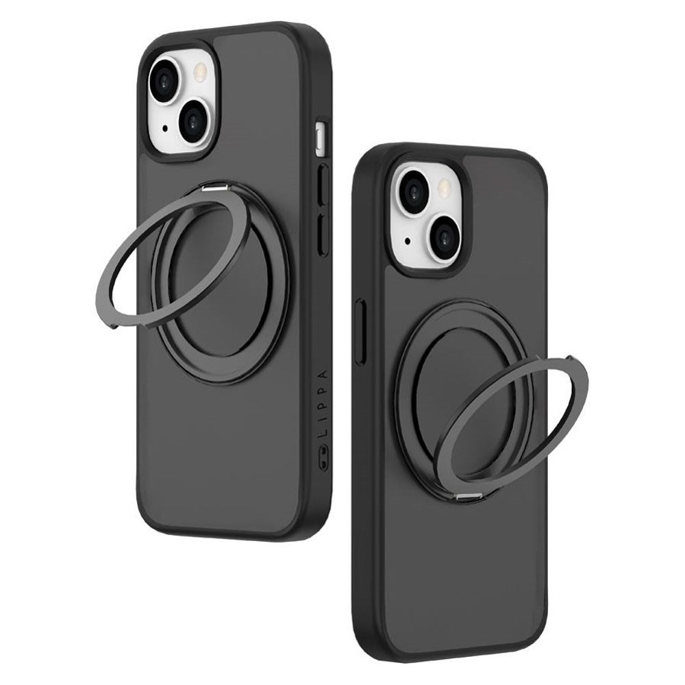 iPhone 15 Lippa Hybrid Plastik Cover m. 360 Roterende Kickstand - MagSafe Kompatibel - Mat / Sort